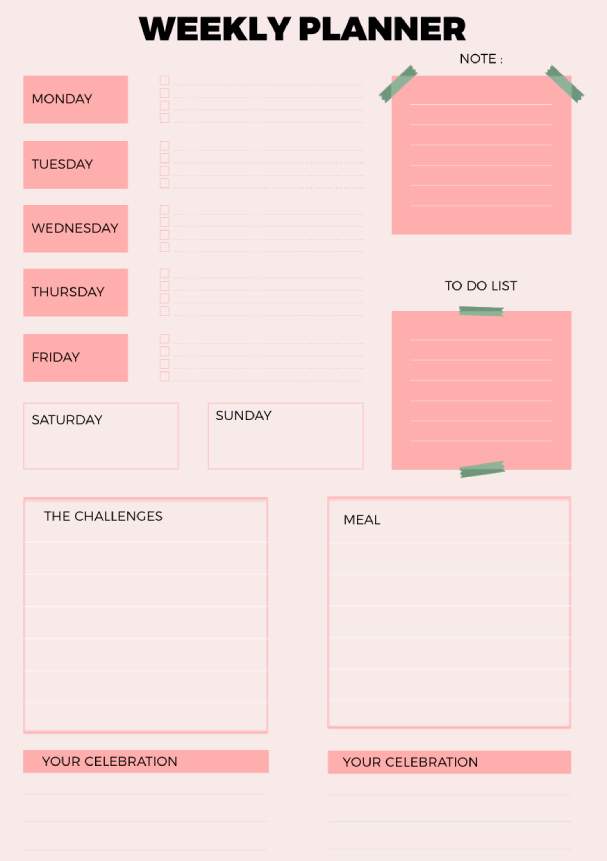 Light Red Simple Daily Section Weekly Planner