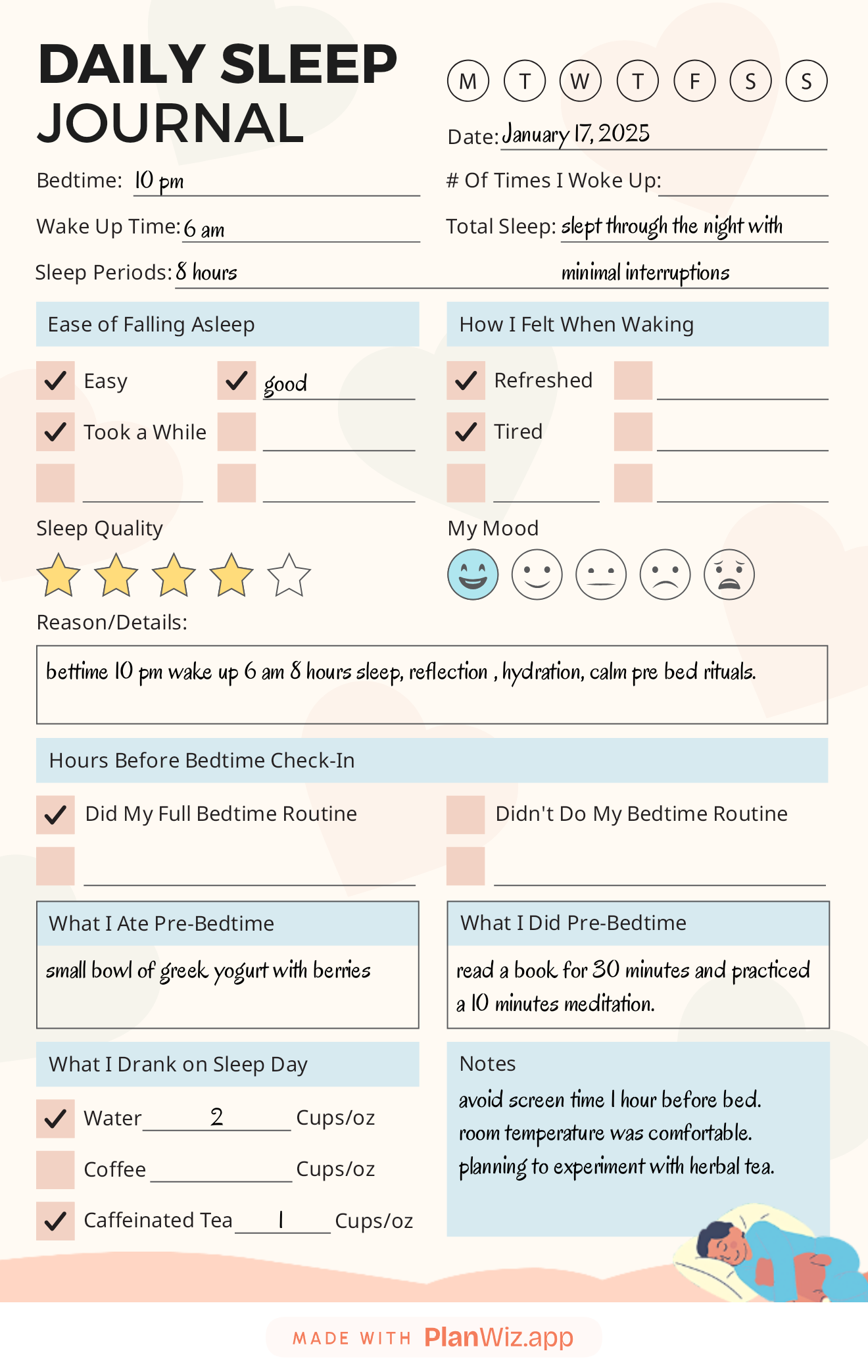 Daily Sleep Journal Planner Template