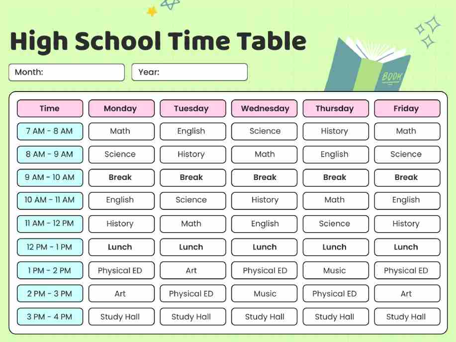Colorful Modern High School Time Table Weekly Planner