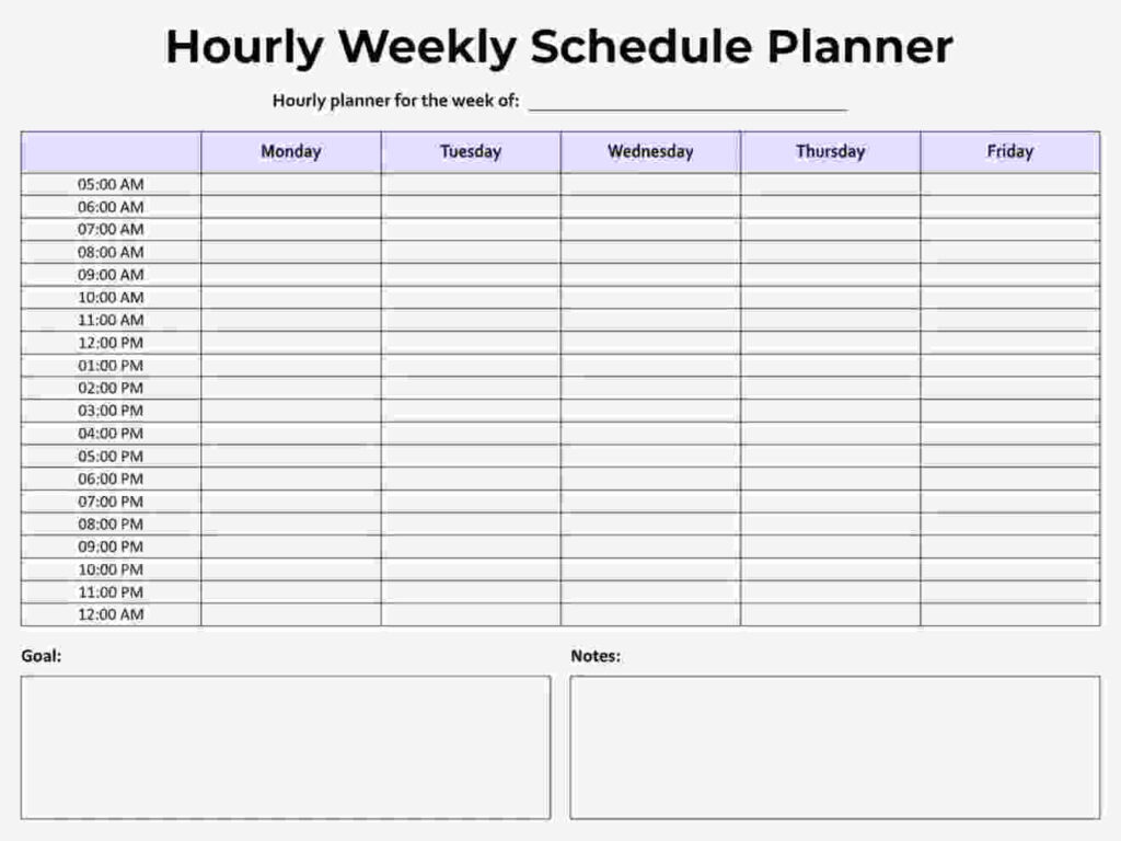 Linear Hourly Weekly Schedule Planner Template