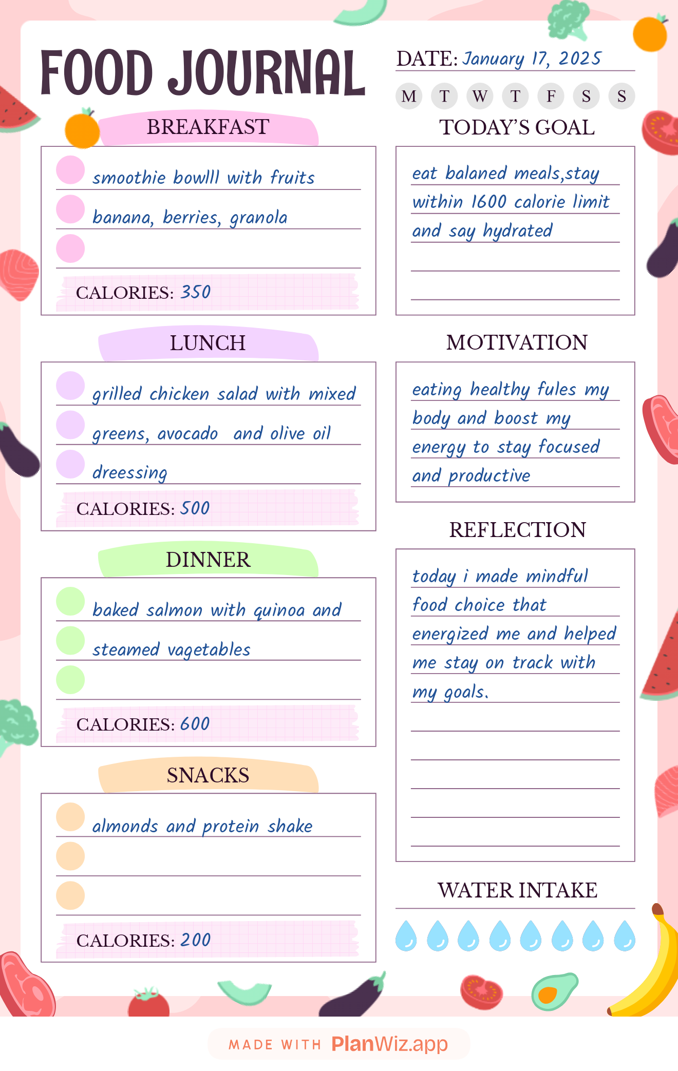 Meal Planning and Reflection Food Journal Template