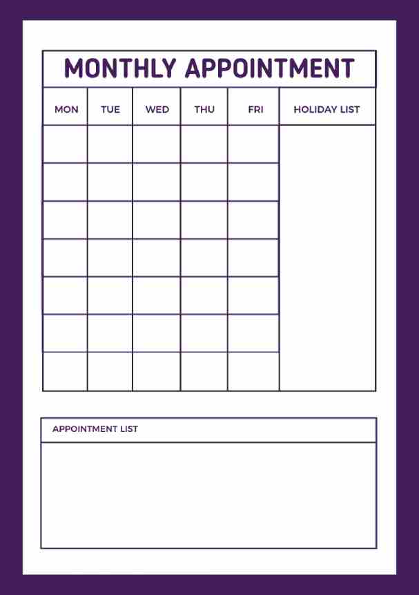 Day Wise Purple Monthly Appointment Planner
