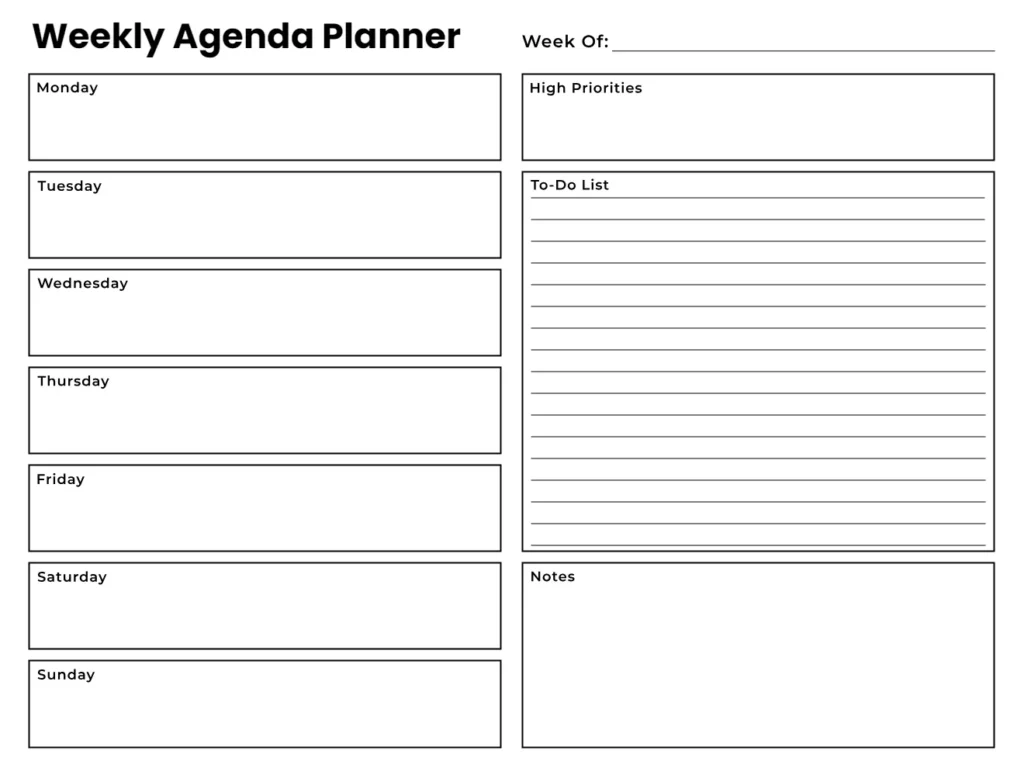 Weekly Agenda Planner Template With To-Do List and Notes Section