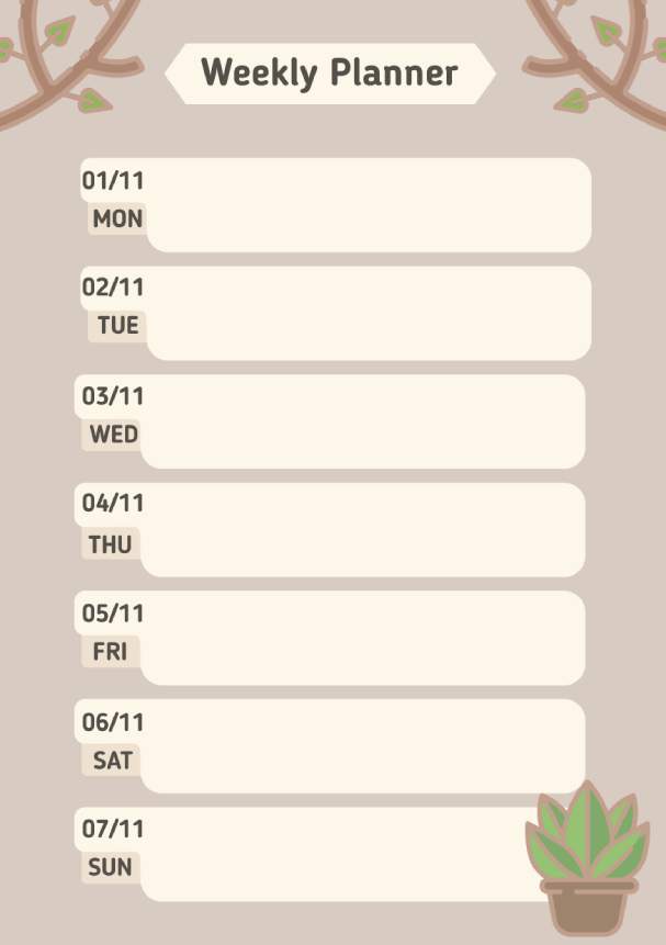 Tree-themed Light Brown Weekly Overview Planner