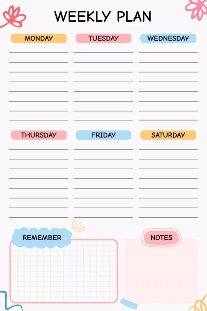 Colorful Weekly Task Organizer and Reminder Planner Template