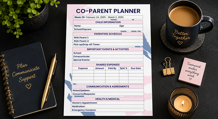 Co-parent planner template with parenting schedule and shared expenses