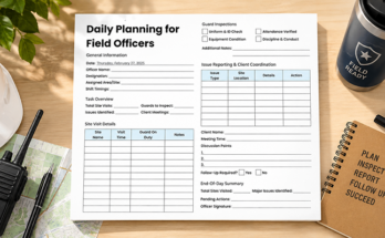 Daily planning template for field officers with site visits and guard inspections