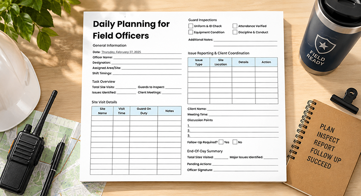 Daily planning template for field officers with site visits and guard inspections