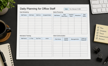 Daily planning template for office staff with duty and salary tracking
