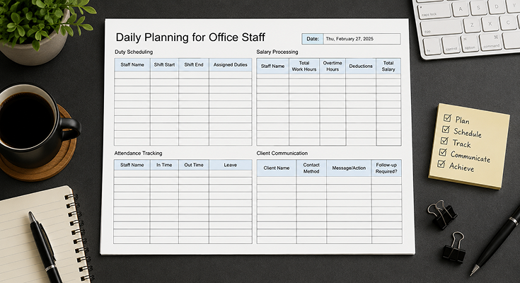 Daily planning template for office staff with duty and salary tracking