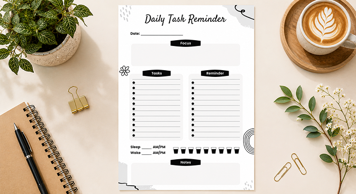 Daily task reminder template with tasks and reminder sections