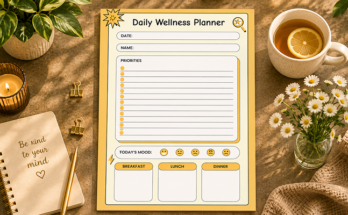 Daily wellness planner with priorities mood tracker and meal boxes