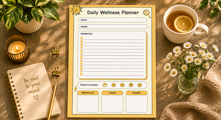 Daily wellness planner with priorities mood tracker and meal boxes