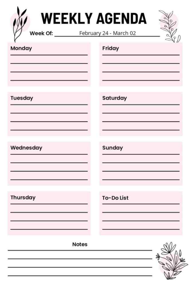 Editable and Printable Weekly Agenda Planner Template with To-do List and Notes Section
