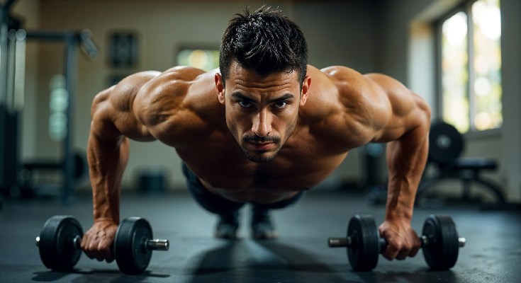 A person performs a renegade row and push-up combo exercise using dumbbells.