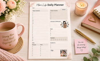 Mom life daily planner template with schedule, meals and hydration tracker