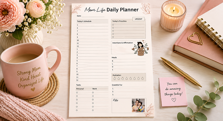 Mom life daily planner template with schedule, meals and hydration tracker