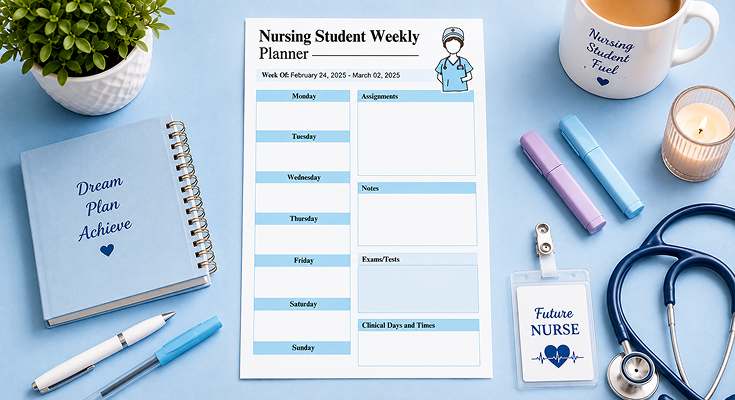 Nursing student weekly planner template with assignments and exams
