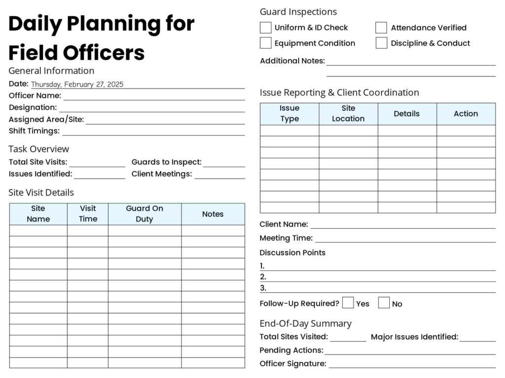 Printable Daily Planner Template for Field Officers with Efficient Design & Workflow