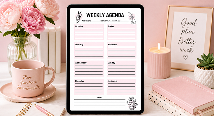 Weekly agenda template with daily plan and to-do list