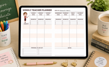 Weekly teacher planner template with subject goals and priorities