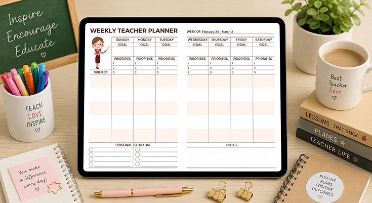Weekly teacher planner template with subject goals and priorities
