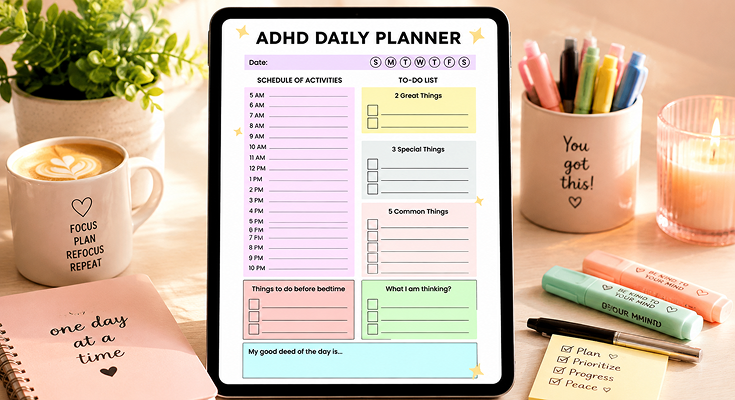 Colorful ADHD daily planner template with hourly schedule and to-do list