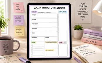 ADHD weekly planner template with to-do list and meal plan section