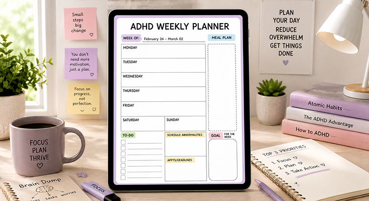ADHD weekly planner template with to-do list and meal plan section