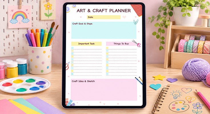 Art and craft planner with goals important tasks and sketch section on tablet