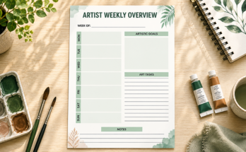 Artist weekly overview planner with artistic goals and daily art tasks