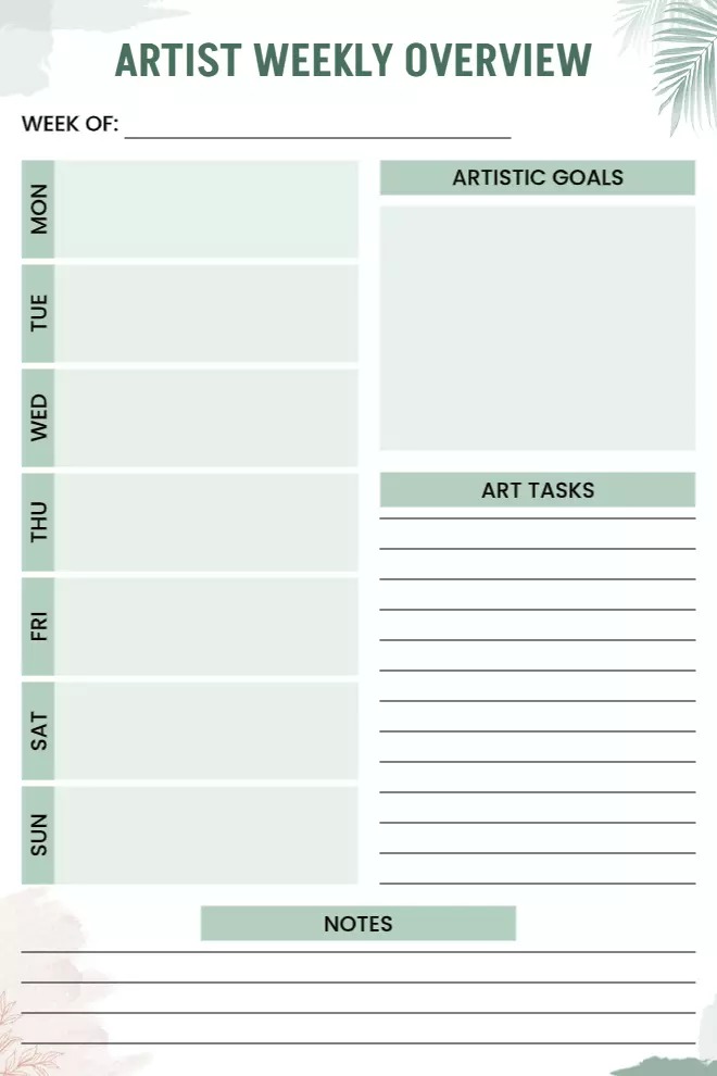 Soft Green Artist Weekly Planner Template with Goals Section