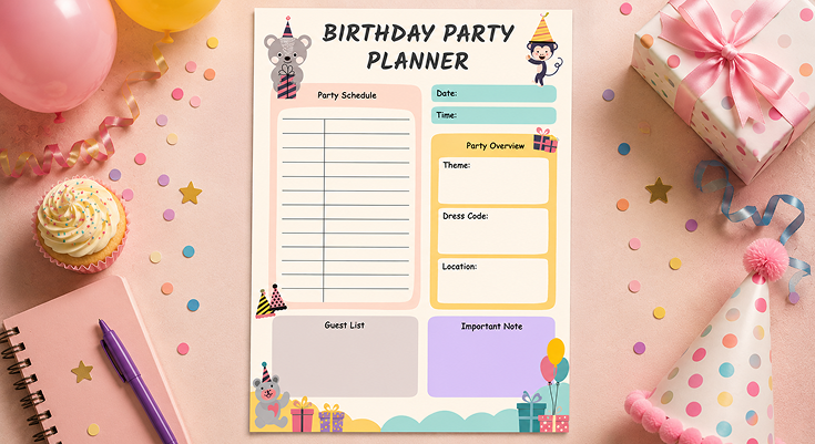 Birthday party planner with schedule guest list and party overview