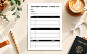 Business travel itinerary template with day-wise schedule sections