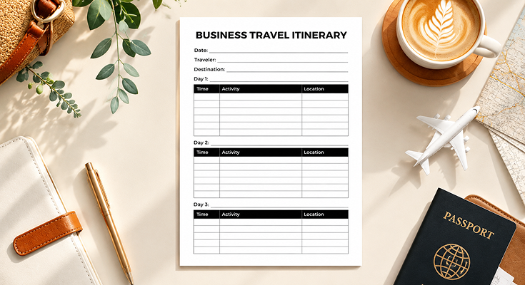 Business travel itinerary template with day-wise schedule sections