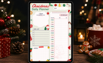 Christmas daily planner with hourly schedule task list and gratitude notes
