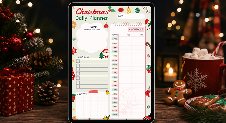 Christmas daily planner with hourly schedule task list and gratitude notes