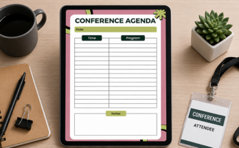 Conference agenda planner with time program and notes on tablet