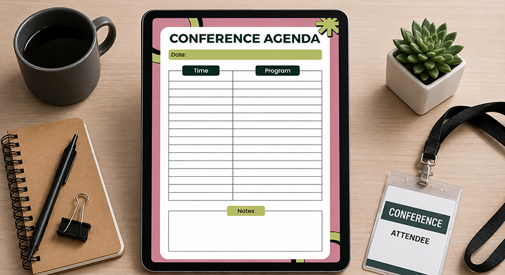 Conference agenda planner with time program and notes on tablet