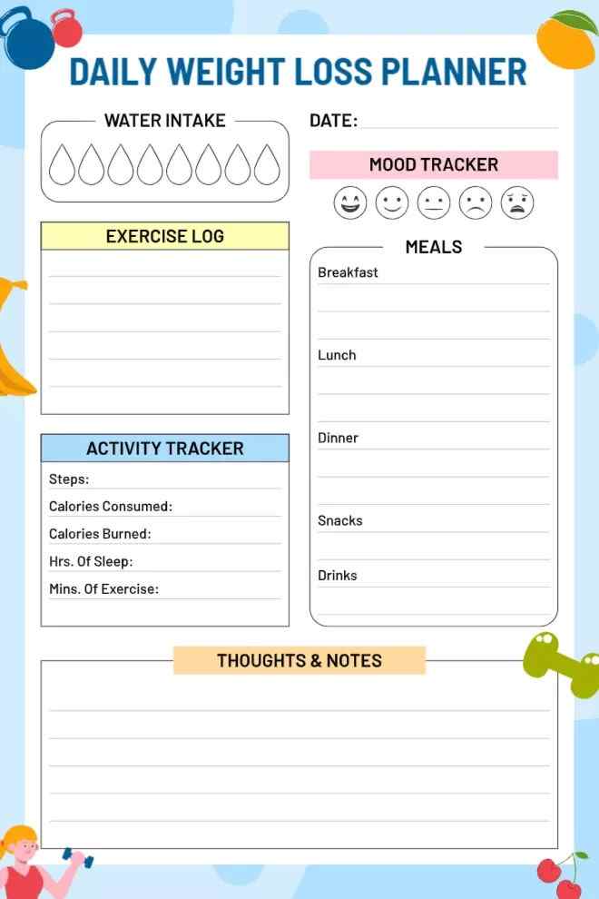 Customizable and Printable Daily Weight Loss Planner Template with Meal Planning Section
