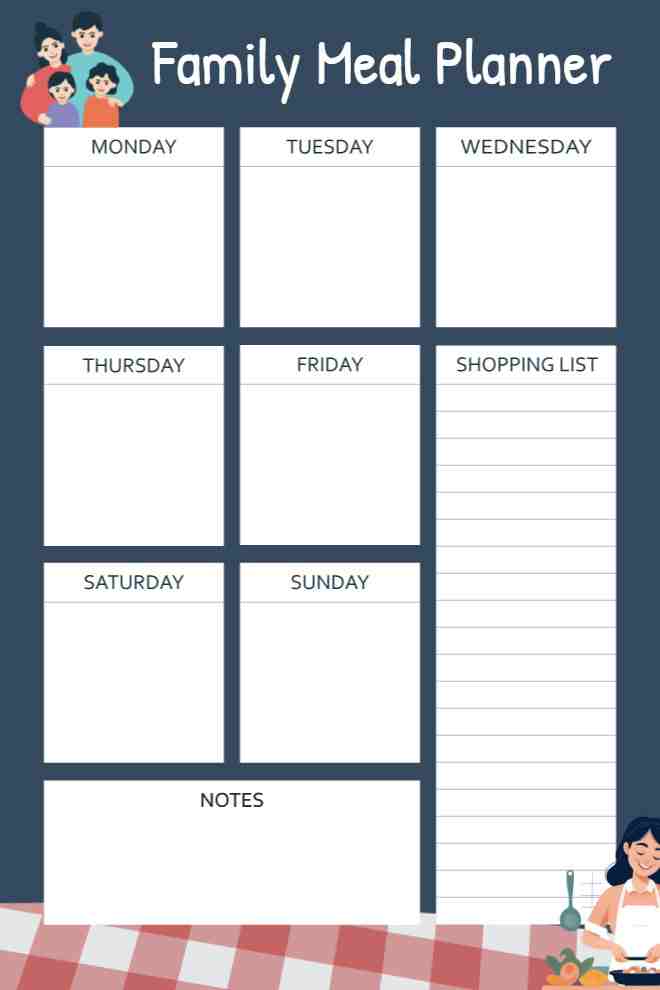 Customizable Family Meal Planner Template with Shopping List and Notes Section