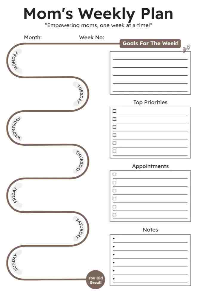 Customizable Mom Weekly Planner Template with Task Lists and Notes