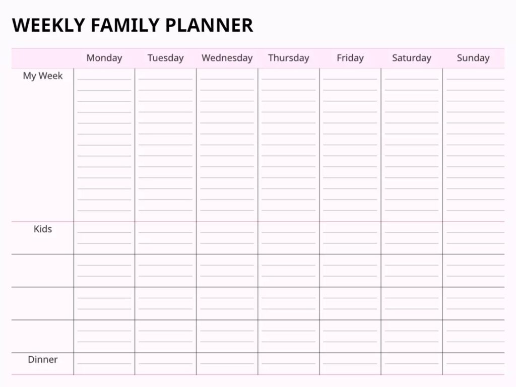 Customizable Weekly Family Planner Template with Kids and Dinner Section