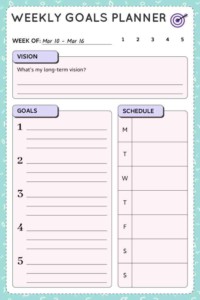 Customizable Weekly Goals Planner Template with Vision and Schedule Section