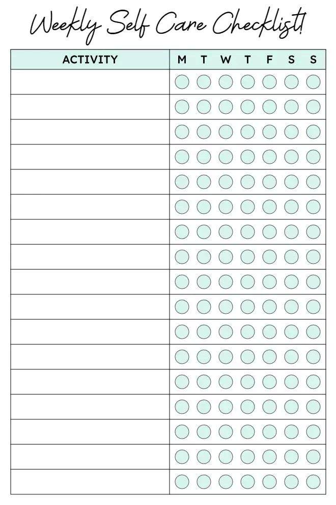 Customizable Weekly Self-care Checklist Template with Day Wise Logs