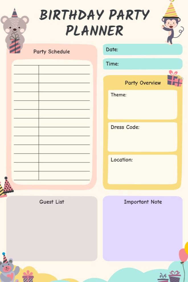 Cute Birthday Party Planner Template With Playful Animal Theme
