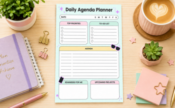 Daily agenda planner template with top priorities and to-do list