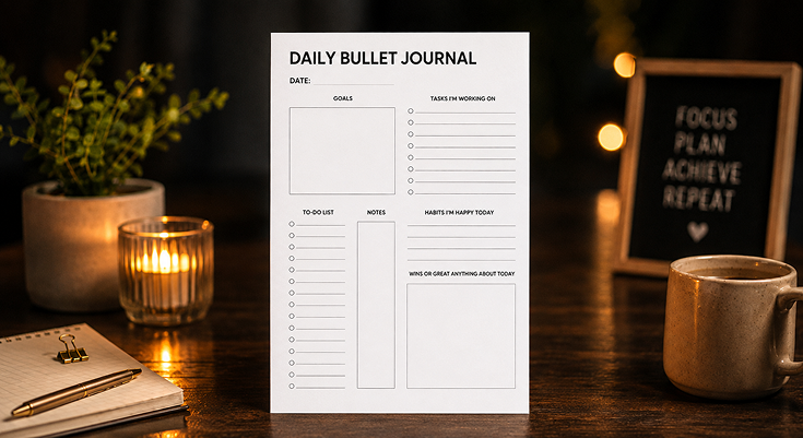 Daily bullet journal template with goals, gratitude and to-do list