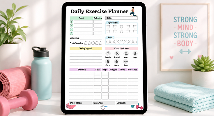 Daily exercise planner with food calories hydration and workout tracker