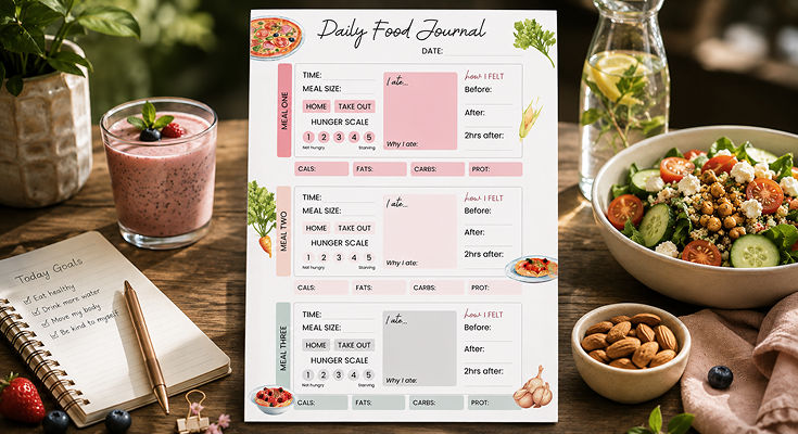 Daily food journal tracking meals hunger scale calories and how I felt